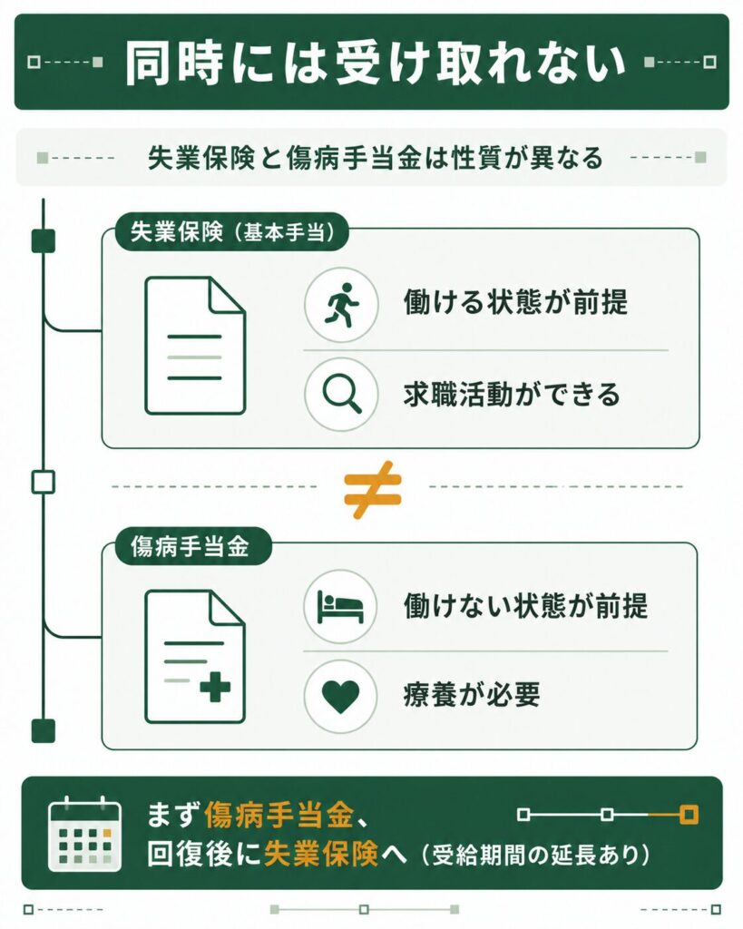 失業保険と傷病手当金は同時に受給できないことを示す図