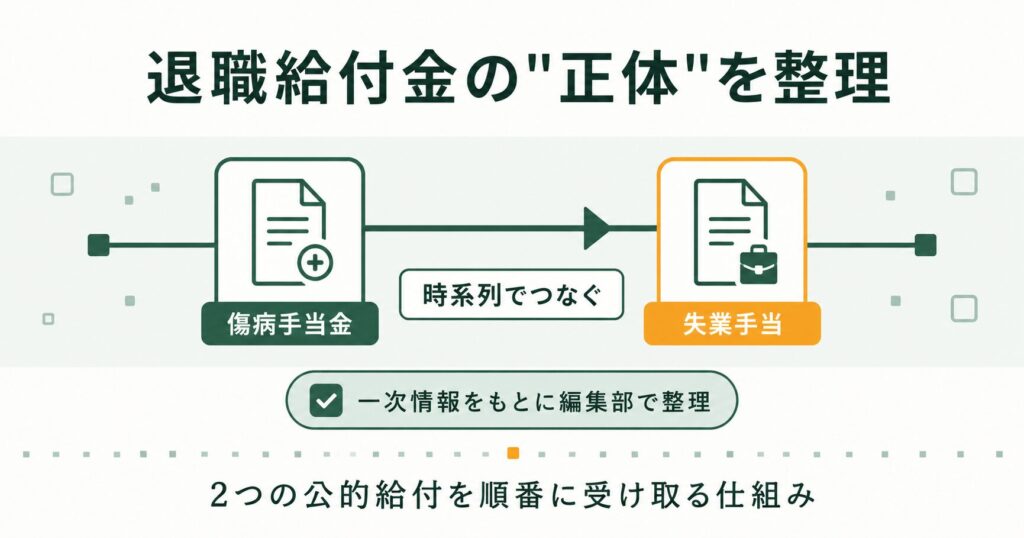 退職給付金が傷病手当金と失業手当の合計である仕組みを示した図