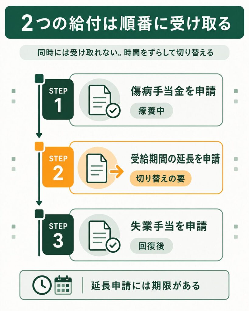 傷病手当金から受給期間延長を経て失業手当へ切り替える流れの図