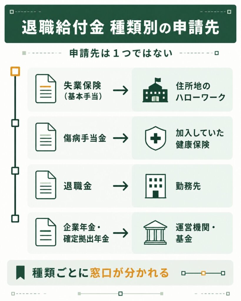 失業保険・傷病手当金・退職金・企業年金の申請先早見図