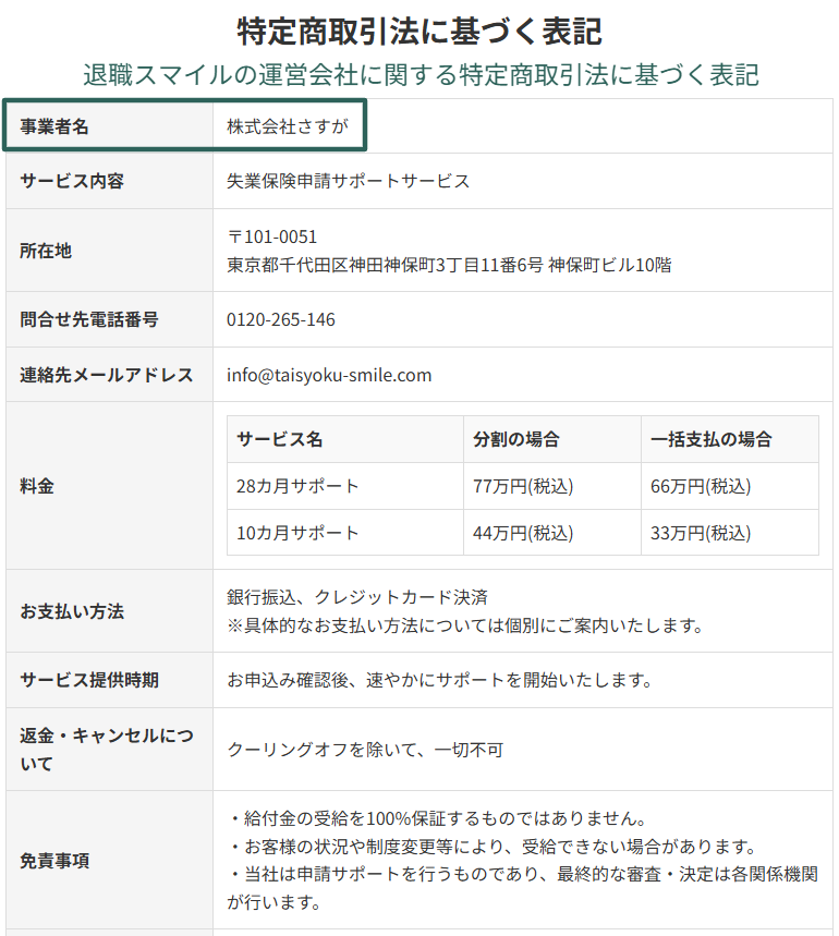 退職スマイルの運営会社と特商法表記を示した公式ページ